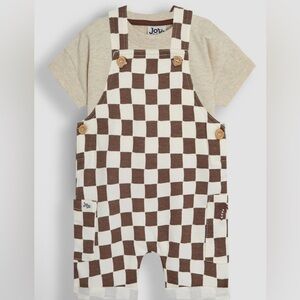 JoJo Maman Bébé Stone 2-Piece Checkerboard Dungarees & T-Shirt Set